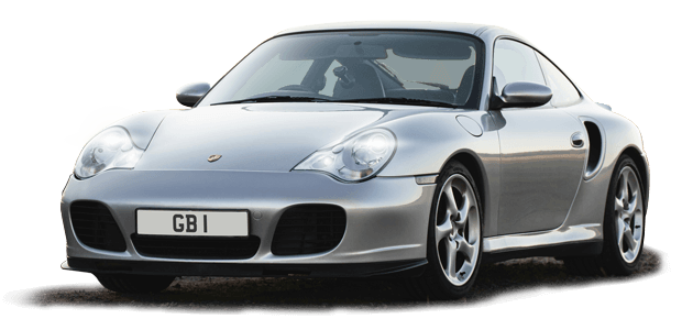 A silver Porsche Type 996 Turbo bearing the registration GB 1