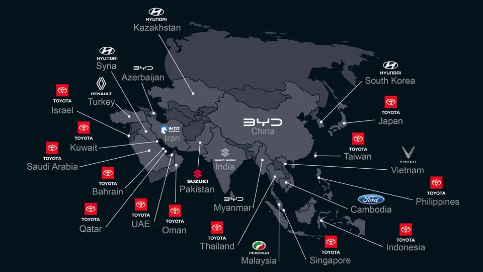 Map of the top car manufacturers in Asia in 2025