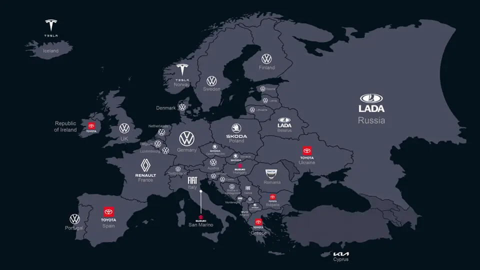 Map of the top car manufacturers in Europe in 2025