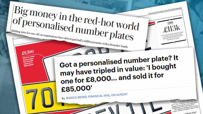 Graphic showing press headlines relating to the rising value of private number plates