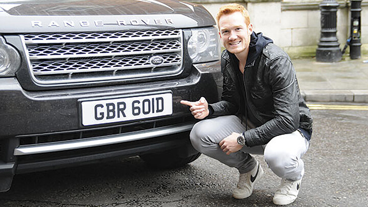 Greg Rutherford with number plate GBR 601D